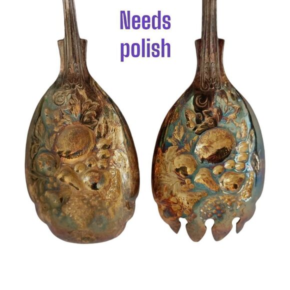 Raimond Sheffield England Serving Salad Spoon Fork Silver Plate Kings Fruit Vtg. - Picture 2 of 16